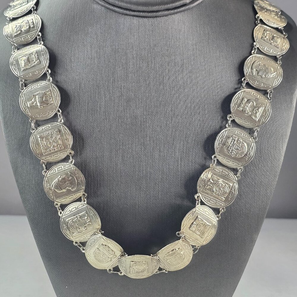 Womens Vintage Estate Sterling Silver Mayan Necklace 65.7g E6878
